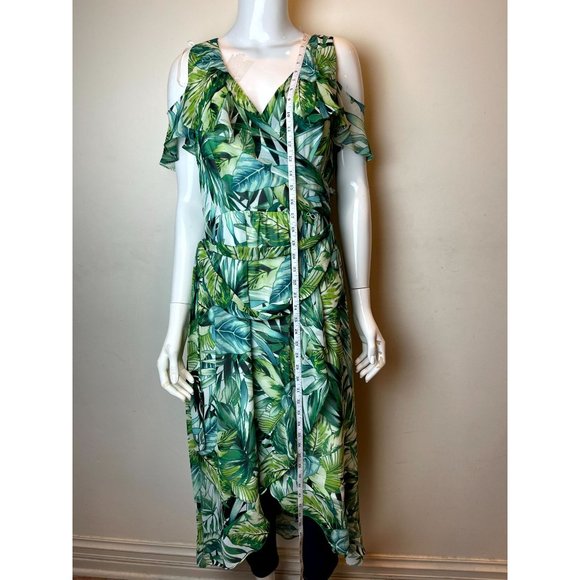 SLNY Women Asymmetrical Sheath Wrap Dress Leaf Print Tie Waist Ruffle Green SZ 6 - Picture 3 of 9